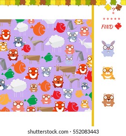 Illustration of educational task for children with animals. Find identical picture task for kid