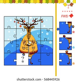 Illustration of educational task for children with deer. Halves matching activity task for children
