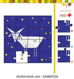 Illustration of educational task for children with goat. Halves matching activity task for children