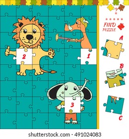 Illustration of educational task for children with wild animals