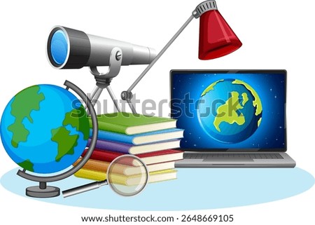 Illustration of educational tools including a globe, telescope, books, and laptop with vibrant colors and detailed composition