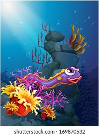 Illustration of an eel under the sea with coral reefs