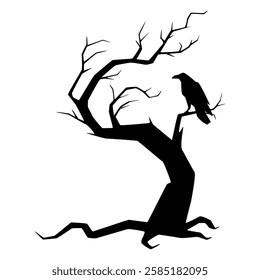 An illustration of an eerie silhouette of a gnarled tree with a crow sitting ominously on a branch, adding to the oppressive atmosphere of the deserted surroundings.