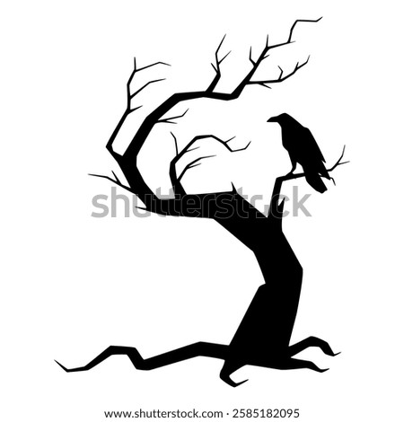 An illustration of an eerie silhouette of a gnarled tree with a crow sitting ominously on a branch, adding to the oppressive atmosphere of the deserted surroundings.