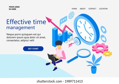 Illustration of effective time management, a man working with his laptop, there is a target that must be achieved within a certain time. Isometric vector illustration design concept for website