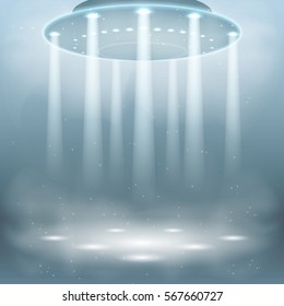 Illustration of the effects of smoke, lights, lamps. Vector graphics . Design alien and UFO background. The flying machine in the air with the effect of light.