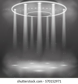 Illustration of the effects of smoke, lights, lamps. Vector graphics . Design alien and UFO background. The flying machine in the air with the effect of light.