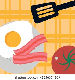 Illustration of an egg with bacon, a kitchen spatula, and a tomato on a yellow striped tablecloth.