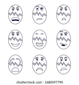 Illustration of egg character collection with various expressions. Contains Icons like happy, angry, sad, confused, falling in love and more. Modern vector