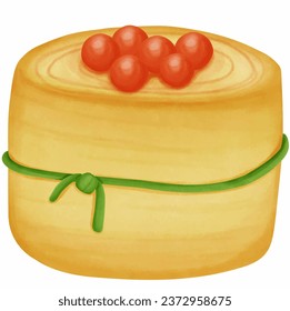 Ilustración de un rollo de huevo con huevos de gambas en la parte superior y escalones atados en una cuerda, comida de sushi
