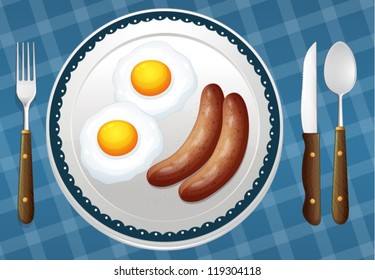 illustration of an egg and sausages on a white background