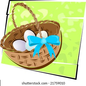 Illustration of eggs in a basket and a ribbon	