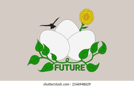 Illustration eggs bird with three eggs, some plants and a bird silhouette. There are also future writings that indicate bird eggs are the future of birds.