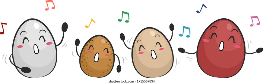 Illustration of Eggs of Different Colors Mascots Singing a Song