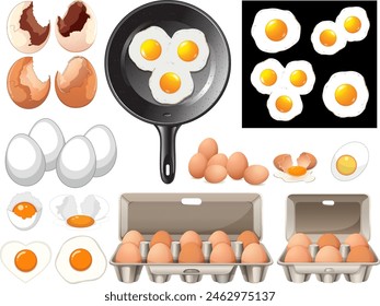 Illustration of eggs, shells, and frying pan