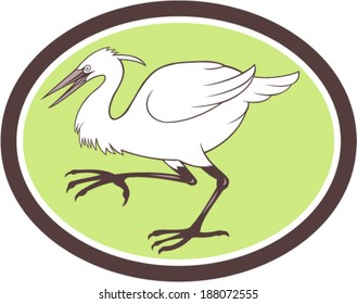 Illustration of a egret heron crane walking side set inside oval shape on isolated white background done in cartoon style.