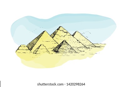 Illustration Egypt. Cairo - Giza. General view of pyramids from the Giza Plateau (three pyramids known as Queens' Pyramids. Watercolor Sketch