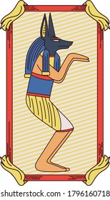 illustration of an egyptian anubis statue, dancing inside a red frame on a yellow background