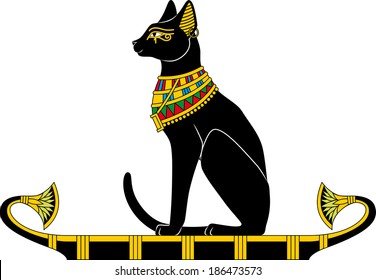 Illustration of egyptian cat floating on the boat isolated on white background.