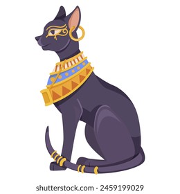 Illustration einer ägyptischen Katzenstatue mit kunstvollem Schmuck, in flachem Design, isoliert auf weißem Hintergrund, symbolisiert das alte Ägypten. Vektorillustration