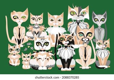 Illustration Egyptian cats with colorful eyes and cats with beautiful fur, family of cats, pedigree