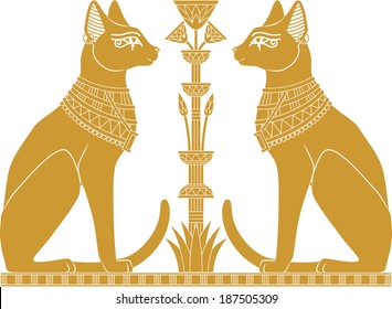 Illustration of egyptian cats and papyrus isolated on white background.