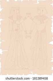 Illustration of Egyptian couple on ancient papyrus: woman and man holding hand in hand.