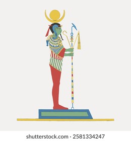 Illustration of an Egyptian deity, red attire, and ornate staff. Egyptian deity depicted with traditional symbols and attire, standing on a platform. Vintage Egyptian illustration vector.