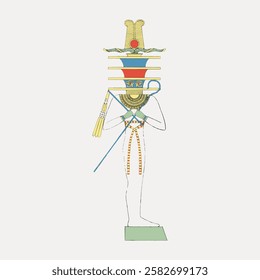 Illustration of an Egyptian deity, a tall headdress and traditional attire. Egyptian deity with headdress, embodying ancient Egyptian culture and mythology. Vintage Egyptian illustration vector.