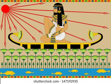 Illustration of an egyptian girl floating on the boat by the river.