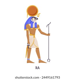 Illustration of the Egyptian god Ra on a simple background, depicted in a colorful, flat design style, showcasing ancient mythology. Vector illustration. 3D Illustration