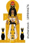 Illustration of Egyptian goddess Bastet sitting on the throne with cats isolated on white background.