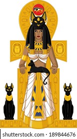 Illustration of Egyptian goddess Bastet sitting on the throne with cats isolated on white background.