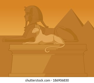 Illustration of egyptian sphinx and a cat in the desert.