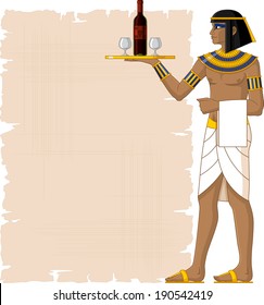 Illustration of Egyptian waiter holding salver with bottle of wine and two glass and a clear papyrus for your menu.