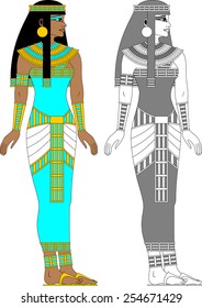 Illustration of egyptian woman in color and monochrome isolated on white background.