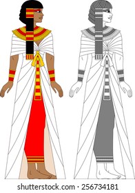Illustration of egyptian woman in color and monochrome isolated on white background.