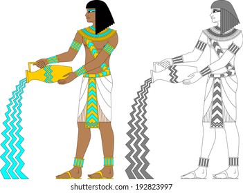 Illustration of egyptian zodiac sign Aqarius, a man with jug of water in color and monochrome isolated on white background.