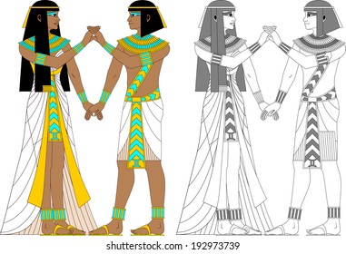 Illustration of egyptian zodiac sign Gemini - twins, man and woman in color and monochrome isolated on white background.