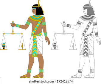 Illustration of egyptian zodiac sign Libra, man with balance in color and monochrome isolated on white background.