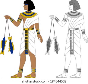 Illustration of egyptian zodiac sign Pisces, a man with fishes  in color and monochrome isolated on white background.
