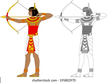 Illustration of egyptian zodiac sign Sagittarius, a man with a bow in color and monochrome isolated on white background.