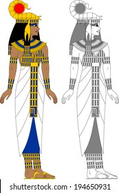 Illustration of egyptian zodiac sign Scorpio, a woman with a scorpion head-dress  in color and monochrome isolated on white background.