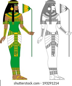 Illustration of egyptian zodiac sign Virgo, a woman with a flower of papyrus in color and monochrome isolated on white background.