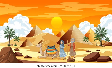 Illustration of Egyptians with camel near pyramids.