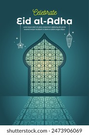 An illustration of Eid Al Adha background with islamic arabic lantern and window shape