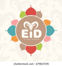 Illustration of Eid Al Adha with calligraphy and goat face for the celebration of Muslim community festival.
