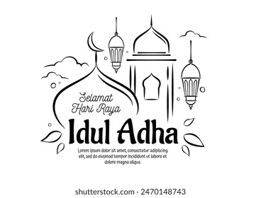 An Illustration of Eid Al Adha Cartoon Line Art Design. Hand drawn vector illustration. Selamat hari raya Idul Adha, indonesia translation of happy Eid al Adha