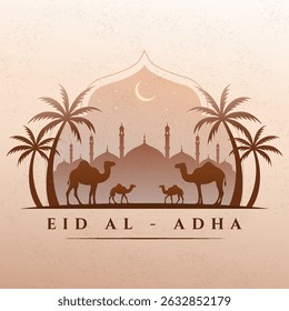 Ilustração das celebrações do Eid Al Adha mostrando camelos, palmeiras, fundo de mesquita e símbolo da lua crescente, incorporando espiritualidade, tradição cultural e alegria festiva.