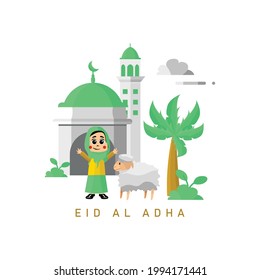 Ilustración de eid al adha con adorable vector de diseño de ovejas y niñas musulmanas